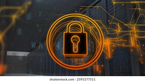 Image of padlock icon and digital data processing over computer servers. Global cyber security, connections, computing and data processing concept digitally generated image.