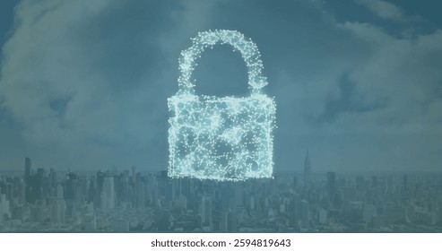 Image of padlock icon and digital data processing over cityscape. Global cyber security, connections, cloud computing and data processing concept digitally generated image.