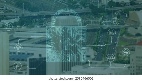 Image of padlock icon with icons and computer circuit board over cityscape. Global technology, computing, online security and digital interface concept digitally generated image.