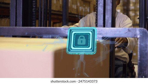 Image of padlock icon over african american male worker using turret truck in warehouse. Global business, delivery and digital interface concept digitally generated image. - Powered by Shutterstock