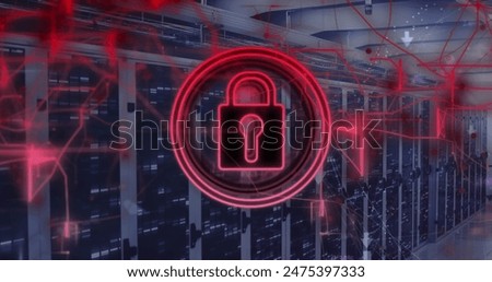 Image of padlock icon over computer servers. Global digital interface, cloud computing and data processing concept digitally generated image.