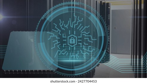 Image of padlock icon over data processing and server room. Social media and digital interface concept digitally generated image.