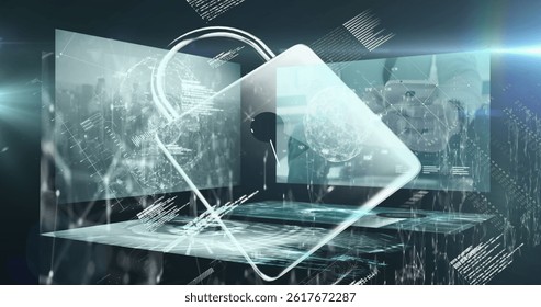 Image of padlock icon over data processing on black background. global connections, data processing and digital interface concept digitally generated image.
