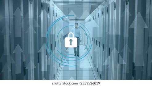 Image of padlock icon and upward arrows over caucasian businessman in server room. Security, network, data, digital interface and communication, digitally generated image.