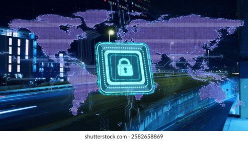 Image of padlock icon with world map and financial data processing over cityscape. Global business, connections, finances and digital interface concept digitally generated image.