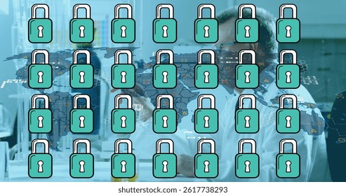 Image of padlock icons and world map over caucasian male scientist in lab. global science and digital interface concept digitally generated image. - Powered by Shutterstock - Get 15% off with code: PIKWIZARD15