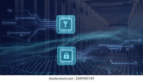 Image of padlock and key icons and data processing over computer servers. Global connections, computing and data processing concept digitally generated image.