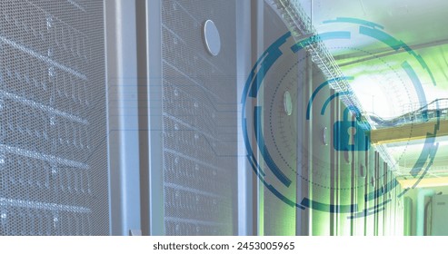 Image of padlock in loading circles over data server racks in server room. Digital composite, protection, network security, data center, networking, technology and network server concept.