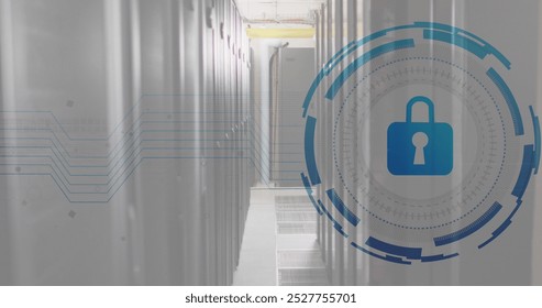 Image of padlock in loading circles over data server room. Digital composite, multiple exposure, business, progress, protection, data center, networking, technology and network server concept.