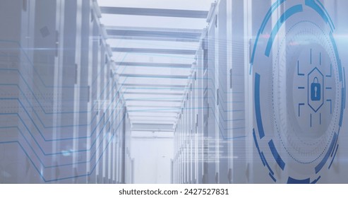 Image of padlock over data processing and server room. Social media and digital interface concept digitally generated image.