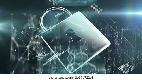 Image of padlock over data processing on black background. global connections, data processing and digital interface concept digitally generated image.