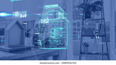 Image of padlock, scope scanning and data processing over modern office. Global business, finances, computing, networks and data processing concept digitally generated image.