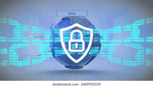 Image of padlock in shield, blockchain over texts around globe over abstract background. Digitally generated, hologram, cryptocurrency, banking, protection, globalization and technology concept.
