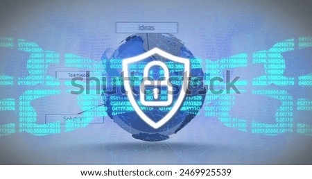 Image of padlock in shield, blockchain over texts around globe over abstract background. Digitally generated, hologram, cryptocurrency, banking, protection, globalization and technology concept.