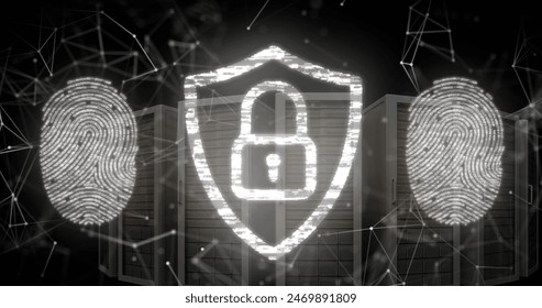 Image of padlock in shield, fingerprints and connected dots over server system rack. Digital composite, multiple exposure, communication, biometric, protection, data center, networking concept.