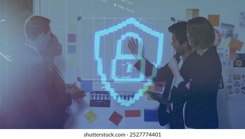 Image of padlock in shield, trading board, diverse coworkers discussing strategy on whiteboard. Graphs, digital composite, protection, report, business, stock market, teamwork concept.