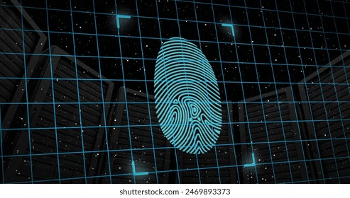 Image of padlock in shields, scanning fingerprint over low angle view of server racks. Digital composite, multiple exposure, security, biometric, data center, networking and technology concept.