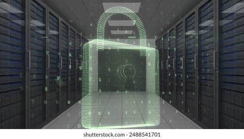 Image of padlock, warning text and data processing over computer servers in background. global internet security, data processing and digital interface concept digitally generated image.