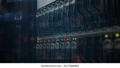 Image of padlock, warning text and data processing over computer servers in background. global internet security, data processing and digital interface concept digitally generated image.