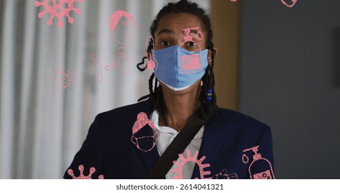 Image of pandemic icons over biracial man with face mask. social media and communication interface during covid 19 pandemic concept digitally generated image.