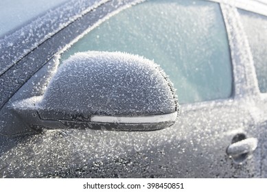 Image Of Part Of Car At Freezing Cold Weather And Sunny Day. Selective Focus