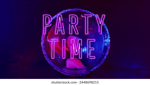 Image of party time neon text and cocktail on blue background. Party, drink, entertainment and celebration concept digitally generated image. - Powered by Shutterstock