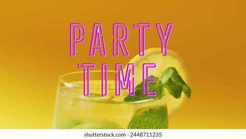 Image of party time neon text and cocktail on orange background. Party, drink, entertainment and celebration concept digitally generated image. - Powered by Shutterstock