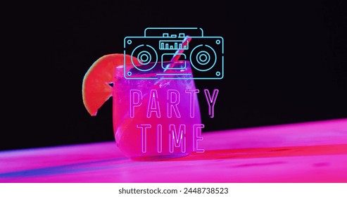 Image of party time neon text and cocktail on pink and black background. Party, drink, entertainment and celebration concept digitally generated image. - Powered by Shutterstock