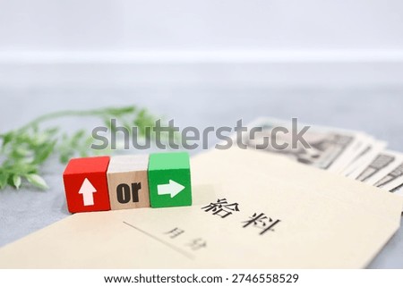 Image of pay envelope and banknotes showing whether to increase or maintain your current salary. Translation: Salary. For X months.