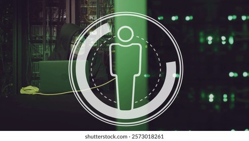 Image of people icon and data processing over asian male hacker using laptop by computer servers. Global connections, computing and data processing concept digitally generated image.