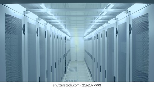 Image Of People Icon Over Server Room. Global Business, Finances, Connections And Digital Interface Concept Digitally Generated Image.