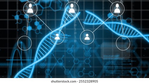 Image of people icons, connections and data processing over dna stands and binary coding. Global science, connections, computing and data processing concept digitally generated image.