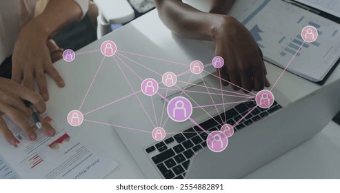 Image of people icons and data processing over diverse business people in office. Global finance, business, connections, computing and data processing concept digitally generated image.