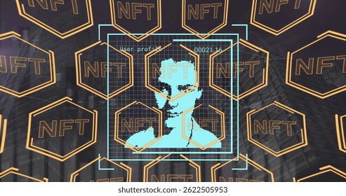 Image of people icons over nft texts. global business and digital interface concept digitally generated image.