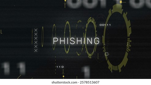 Image of phishing text and digital data processing over black background. Global cyber security, connections, computing and data processing concept digitally generated image.