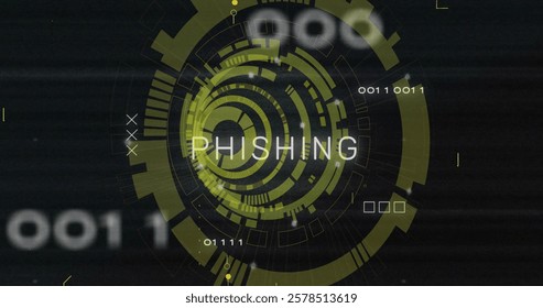 Image of phishing text and digital data processing over black background. Global cyber security, connections, computing and data processing concept digitally generated image.