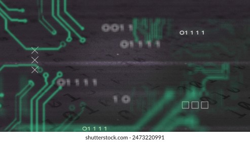 Image of phishing text, glitch technique, x sigh, circuit board texture and binary codes. Digitally generated, hologram, security, cyber crime, breach, coding, machine learning and technology.