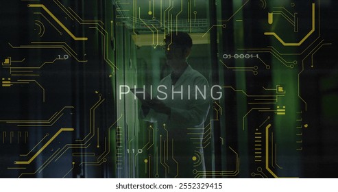 Image of phishing text over data processing asian male worker in server room. Technology and digital interface concept digitally generated image. - Powered by Shutterstock