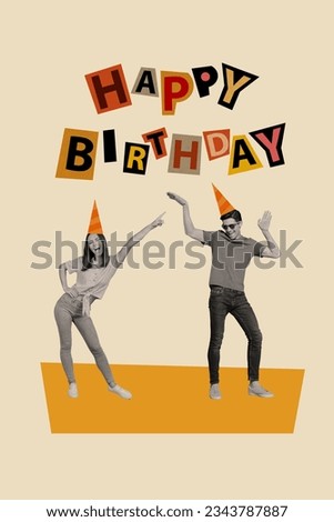 Image picture collage postcard of funky carefree people celebrating birthday event cool party isolated on drawing background