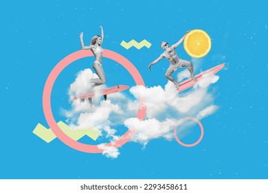 Image picture collage poster of active sport people enjoy extreme water activity ride surferboard on ocean sea - Powered by Shutterstock