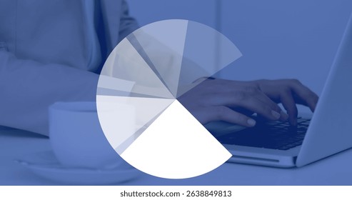 Image of pie chart rotating in loop over midsection of caucasian businessman using laptop. Digital composite, multiple exposure, report, data, business, hand, technology, office, drink.