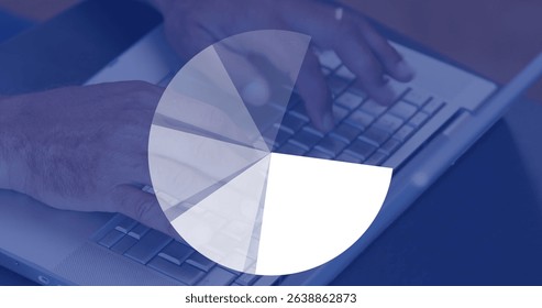 Image of pie chart rotating over coffee cup and cropped hands of caucasian man using laptop. Digital composite, multiple exposure, drink, report, data, business, hand, technology and office.