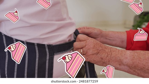 Image of piece of cakes over hands of caucasian senior woman tying apron. Food, confectionery and cafe concept digitally generated image. - Powered by Shutterstock