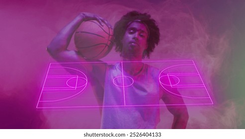 Image of pink basketball court over african american male basketball player holding ball. Sport, competition, confidence, digital interface, data and communication digitally generated image. - Powered by Shutterstock