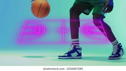 Image of pink basketball court over african american male basketball player bouncing ball. Sport, competition, skill, digital interface, data and communication digitally generated image. - Powered by Shutterstock