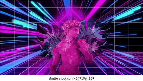Image of pink classical statue and leaves distorting over grid and neon beams on black. Creativity, data, connection, processing, digital interface and communication, digitally generated image.