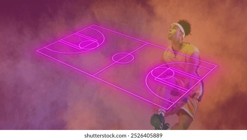 Image of pink court and powder explosion over african american male basketball player with ball. Sport, competition, skill, digital interface, data and communication digitally generated image. - Powered by Shutterstock