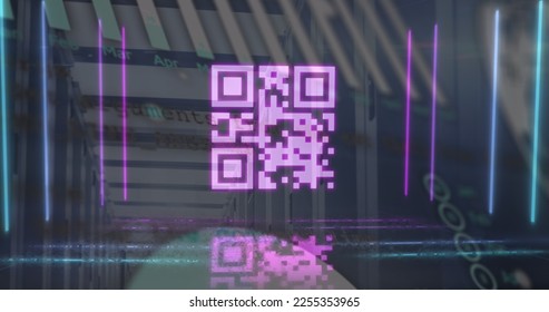 Image of pink qr code with neon lights and data processing over computer server room. Global communication, business, data and digital interface concept digitally generated image. - Powered by Shutterstock