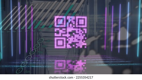 Image of pink qr code with neon lights and data processing over computer server room. Global communication, business, data and digital interface concept digitally generated image.