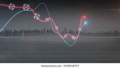 Image of pink and red graph processing data over cloudy grey cityscape. Connection, network, processing, data, business and communication, digitally generated image.